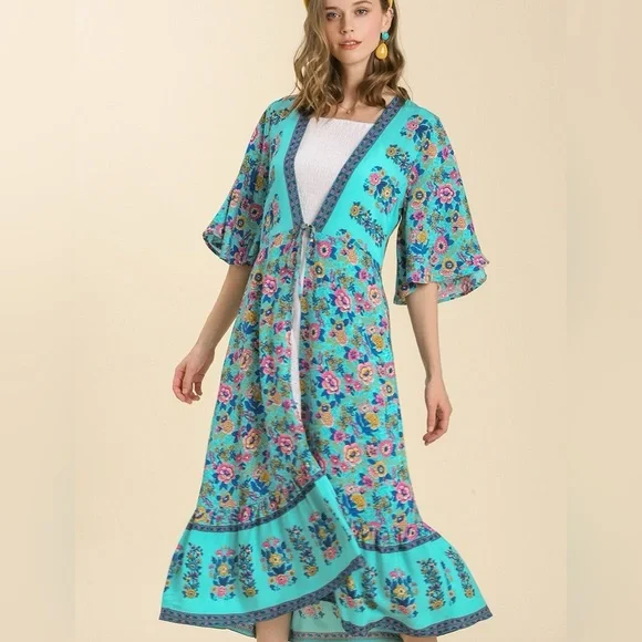 Umgee NWT Gypsy Boho Duster Teal Blue hippy bohemian Cardigan Kimono S M L - Picture 1 of 5